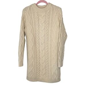 Ralph Lauren Double RL Cable Knit Wool Silk Sweater Dress Cream Mock Neck Medium